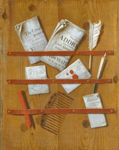 "Xornais, cartas e útiles de escritura sobre un taboleiro de madeira", de Evert Collier (1642-1708) Edward_Collier's_painting_'Newspapers,_Letters_and_Writing_Implements_on_a_Wooden_Board'
