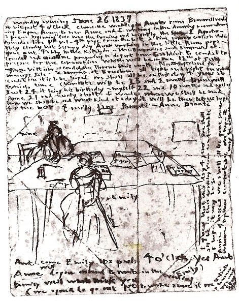 Esbozo de Emily Brontë con ela e a súa irmá Anne a escribir no comedor da casa rectoral onde residían os Brontë. Sketch_by_Emily_Brontë_sgowing_herself_and_Anne_at_work_in_the_dining_room_of_the_parsonage.