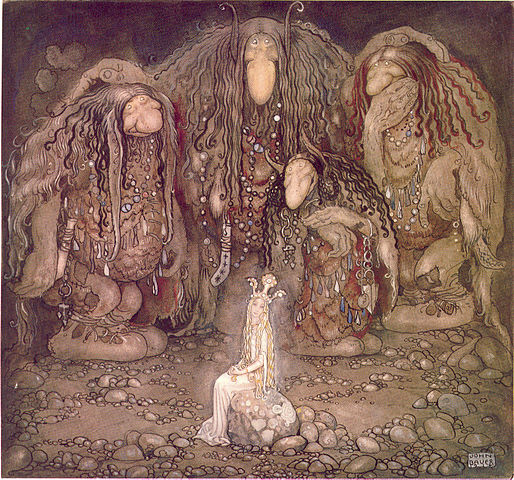 Os trolls e a princesa raptada, 1915, debuxado por John Bauer para a colección Bland Tomtar och Troll, publicada cada ano no Solsticio de Inverno Les trolls et la princesse enlevée, 1915-John_Bauer_1915