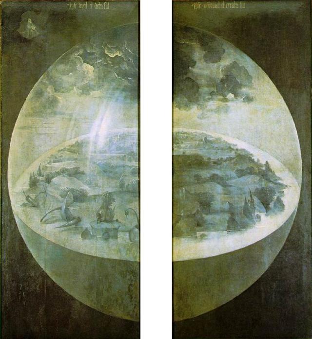 "A creación", por Hieronymus Bosch. Exterior (poxigos) de "O xardín das delicias mundanas" (entre 1480 e 1490) Jheronimus_Bosch_exterior