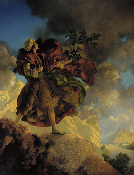 Maxfield Parrish, "A princesa Parizade levando á casa a árbore que canta", das "Mil e unha noites", 1906, óleo sobre papel. (Publicamos esta obra tendo en conta o carácter esexético do artigo e acolléndonos ao dereito de cita). Princess_Parizade_Bringing_Home_the_Singing_Tree