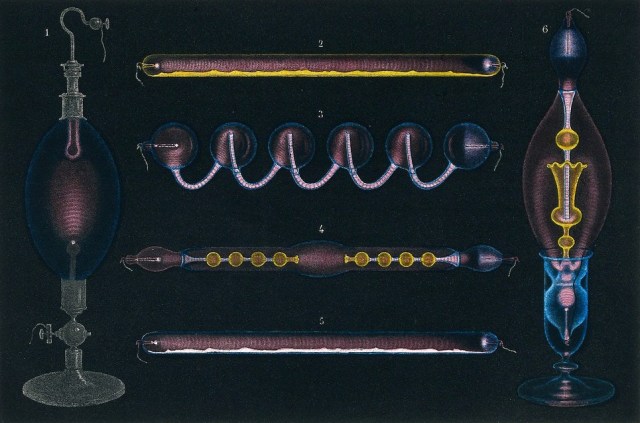 "Luz eléctrica en gases rareficados", augatinta por M. Rapine; gravura X en "Les phénomènes de la physique" (1868)